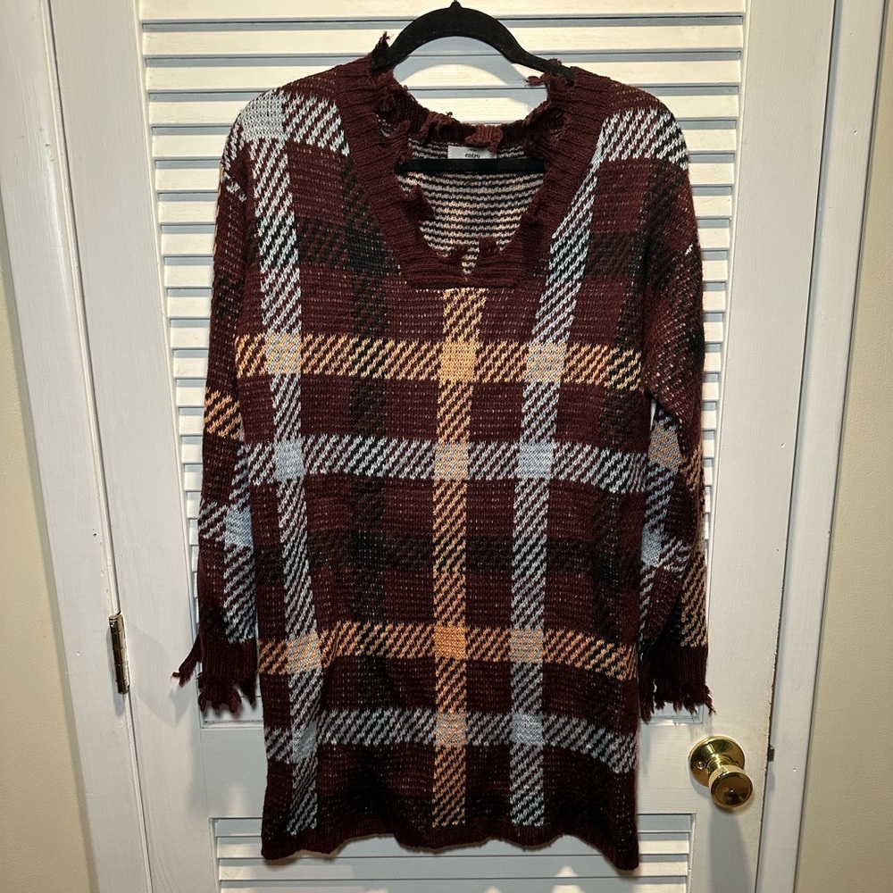 Entro plaid distressed sweater dress